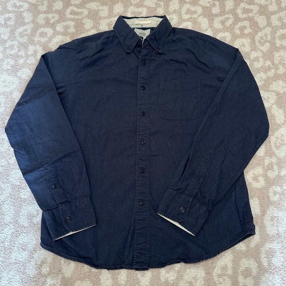 Deus Ex Machina Button Down Shirt Navy Blue Albie Peached Long Sleeve Mens M